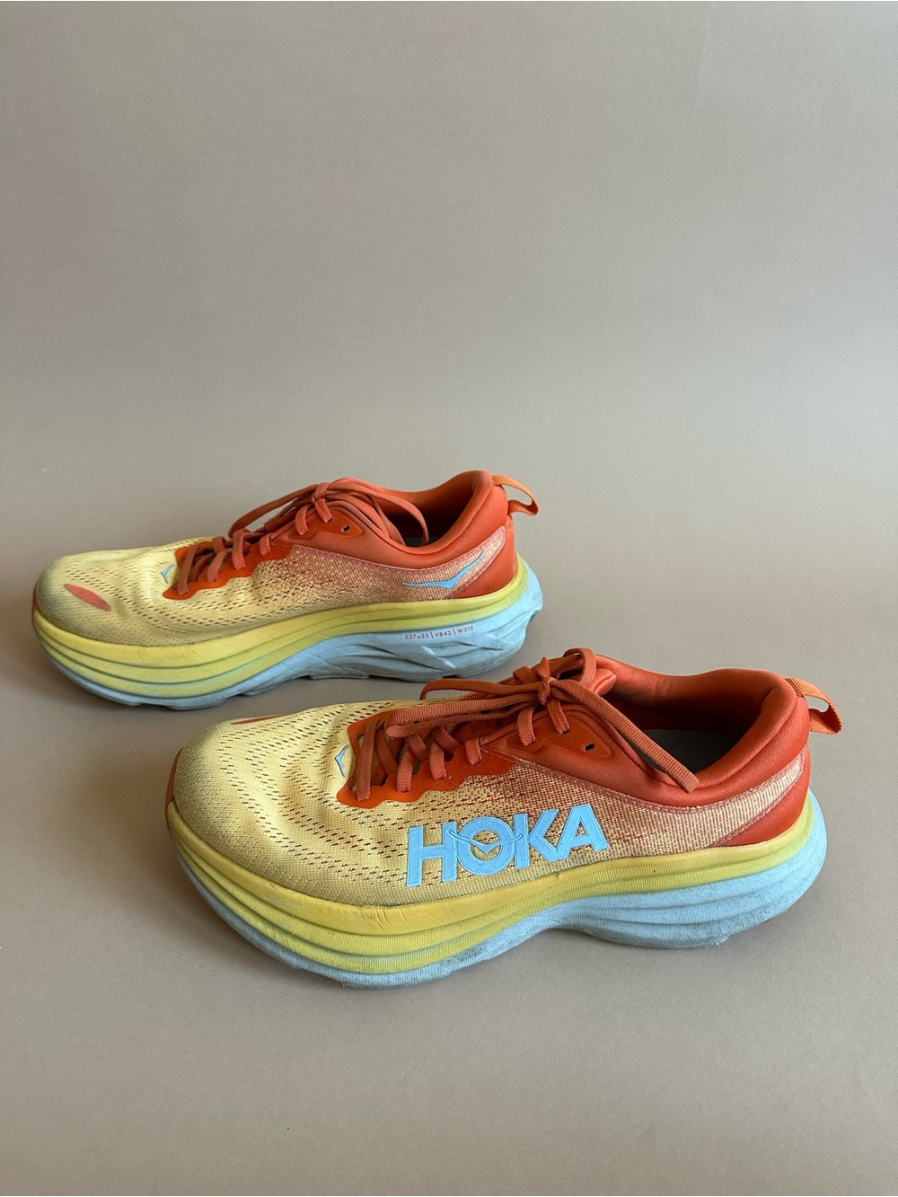 HOKA Bondi 8 Men's Running Shoes Lace-Up Mesh Low Top Yellow/Orange/Blue Sz 9.5
